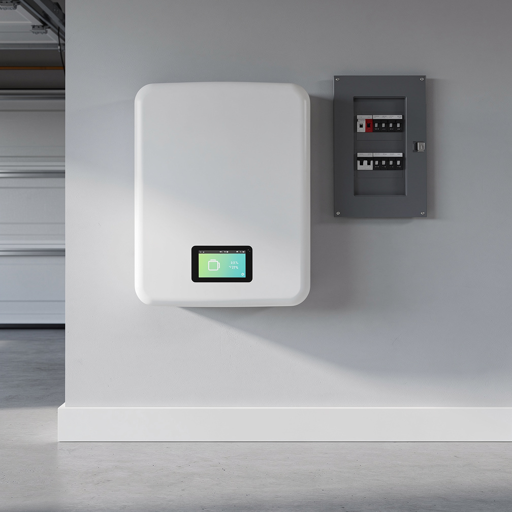 Home battery storage unit mounted on garage wall