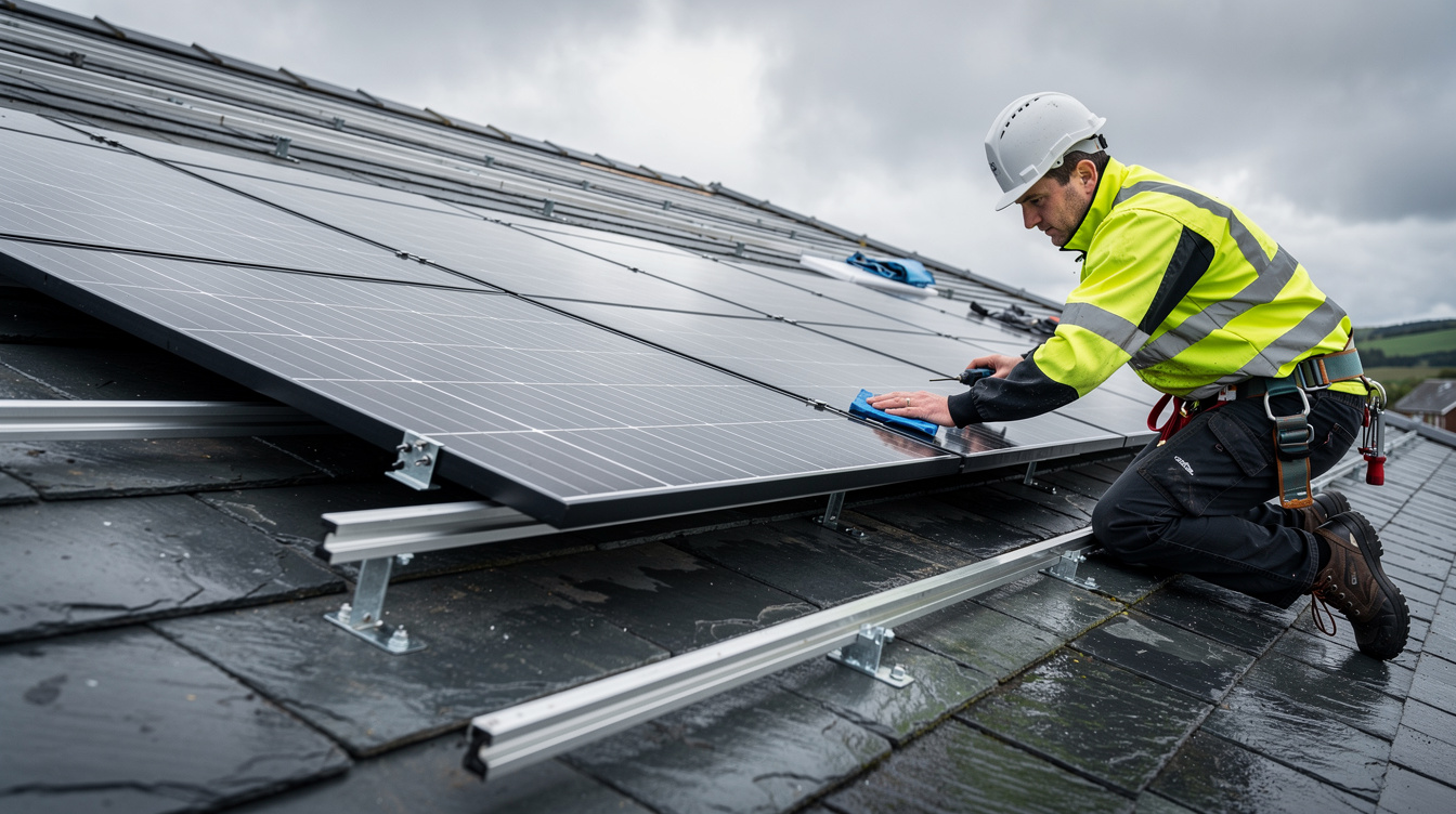 Solar panel installer securing monocrystalline panels to mounting rails on a new build Irish home roof