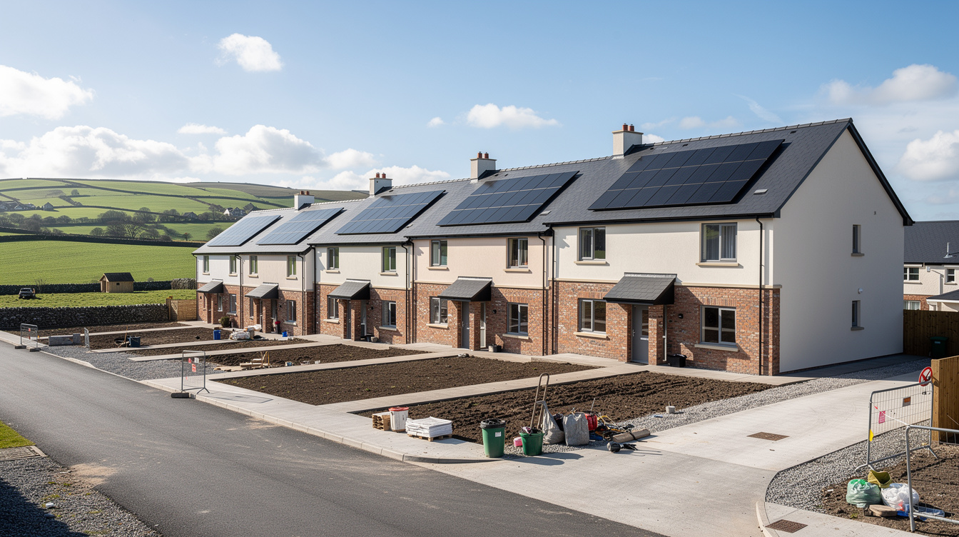 Row of newly built Irish houses with solar panels on roofs, green countryside background