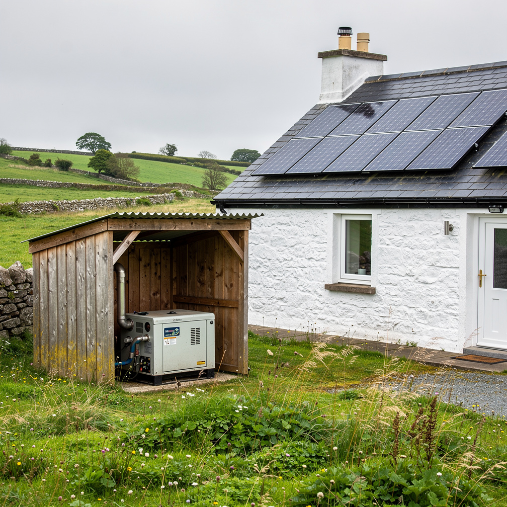 Diesel backup generator beside an Irish rural home with solar panels