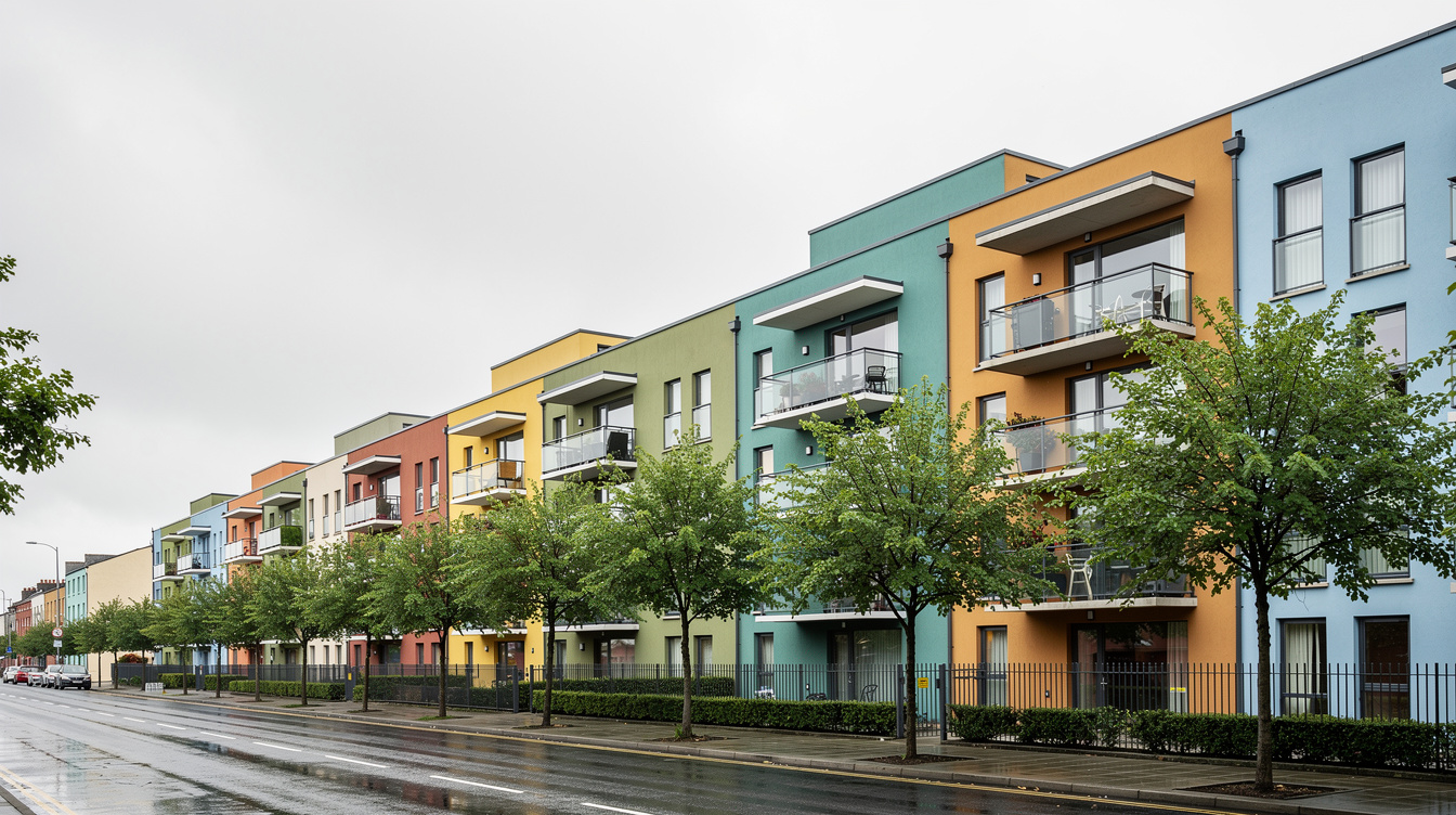 Colourful apartment buildings in Dublin with south-facing balconies