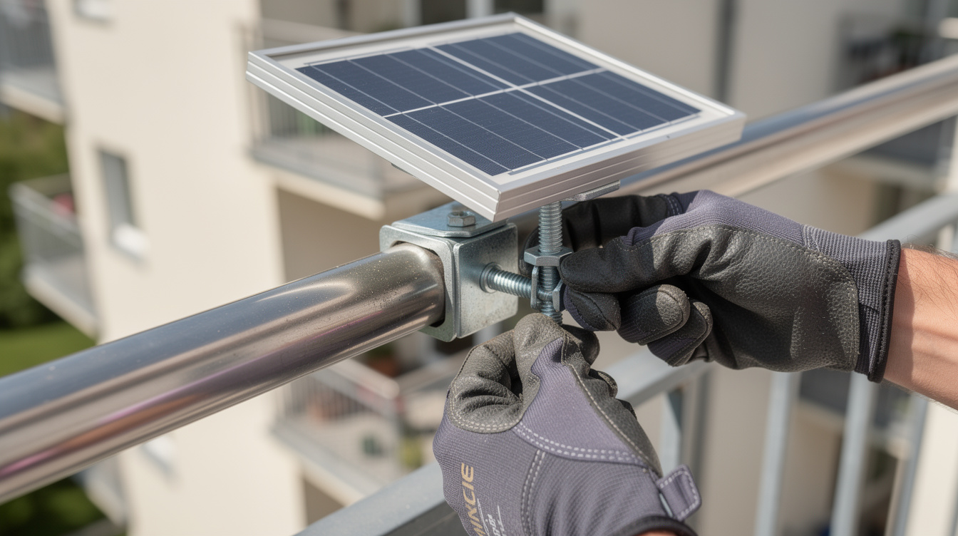 Hands in work gloves attaching a small solar panel to a balcony railing