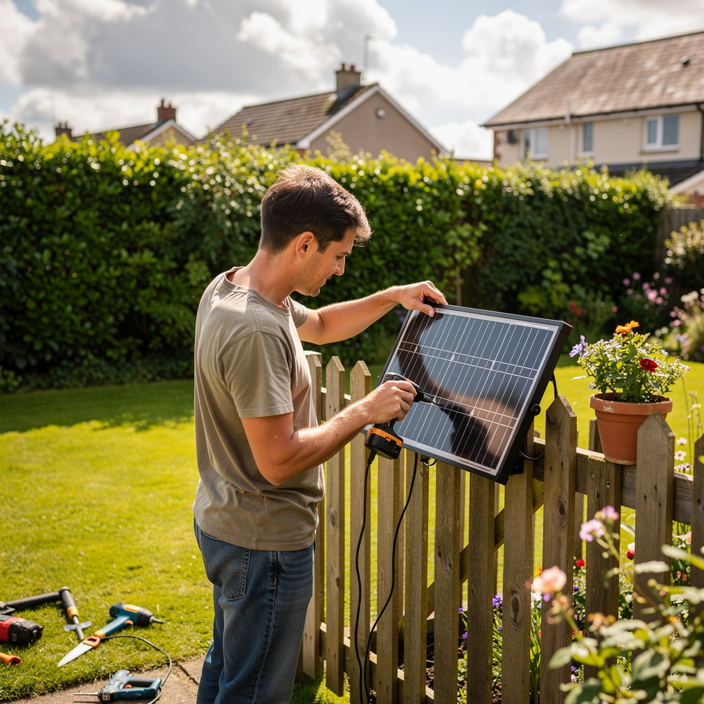 Person mounting a small solar panel on a garden fence in Ireland