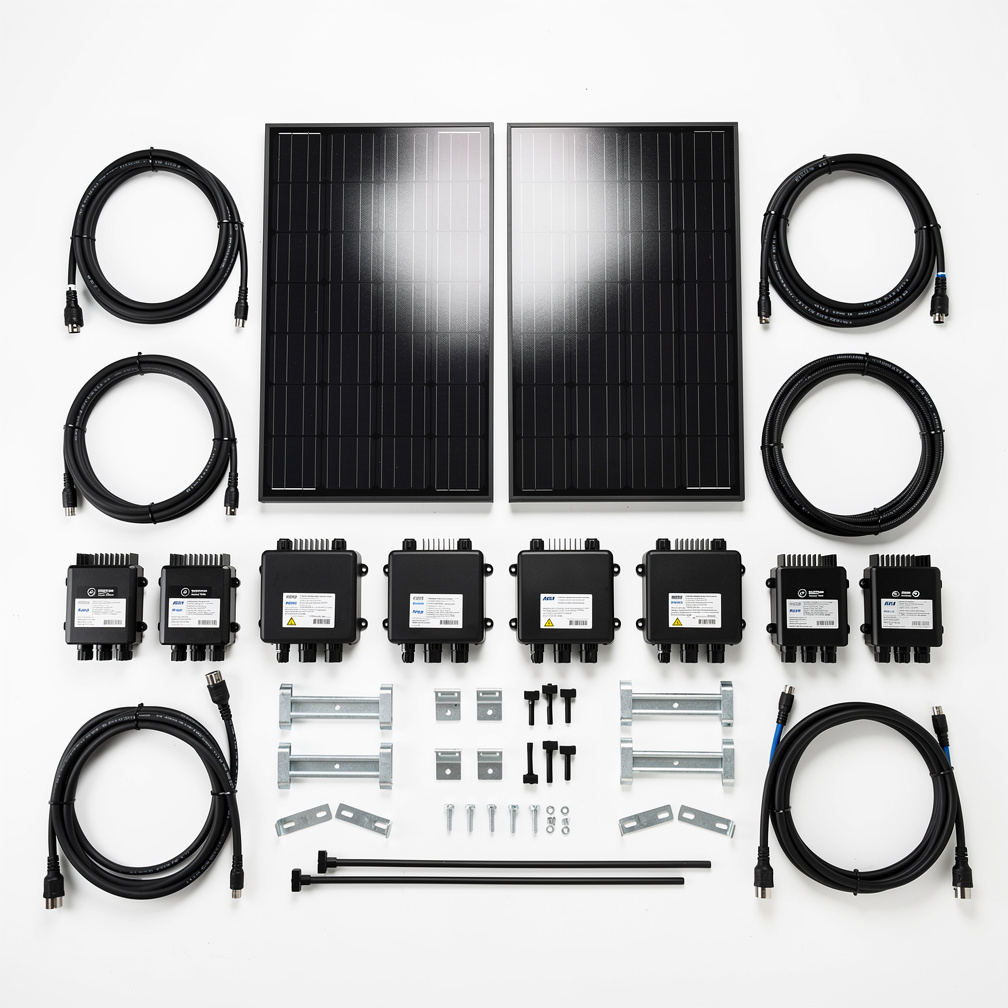 Plug-in solar panel kits with micro-inverters and mounting brackets