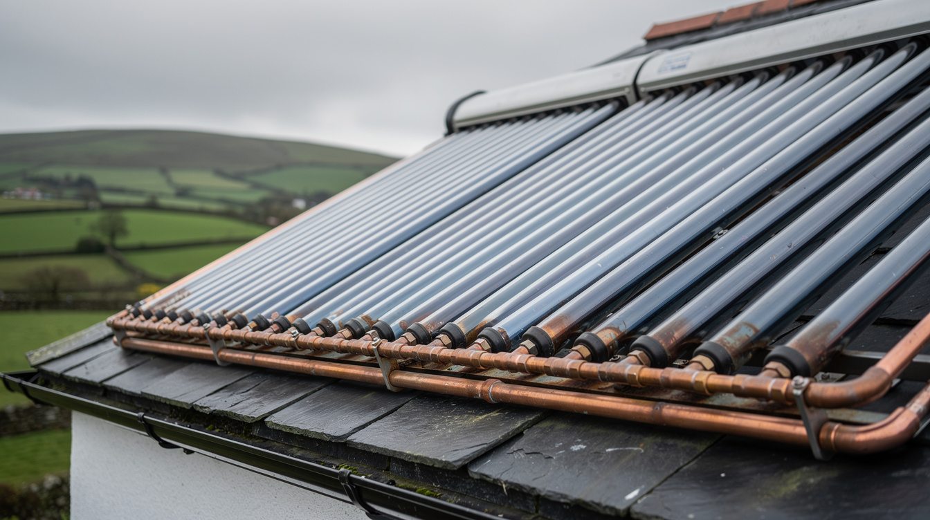 Close-up of evacuated tube solar thermal collector on an Irish roof with green hills behind