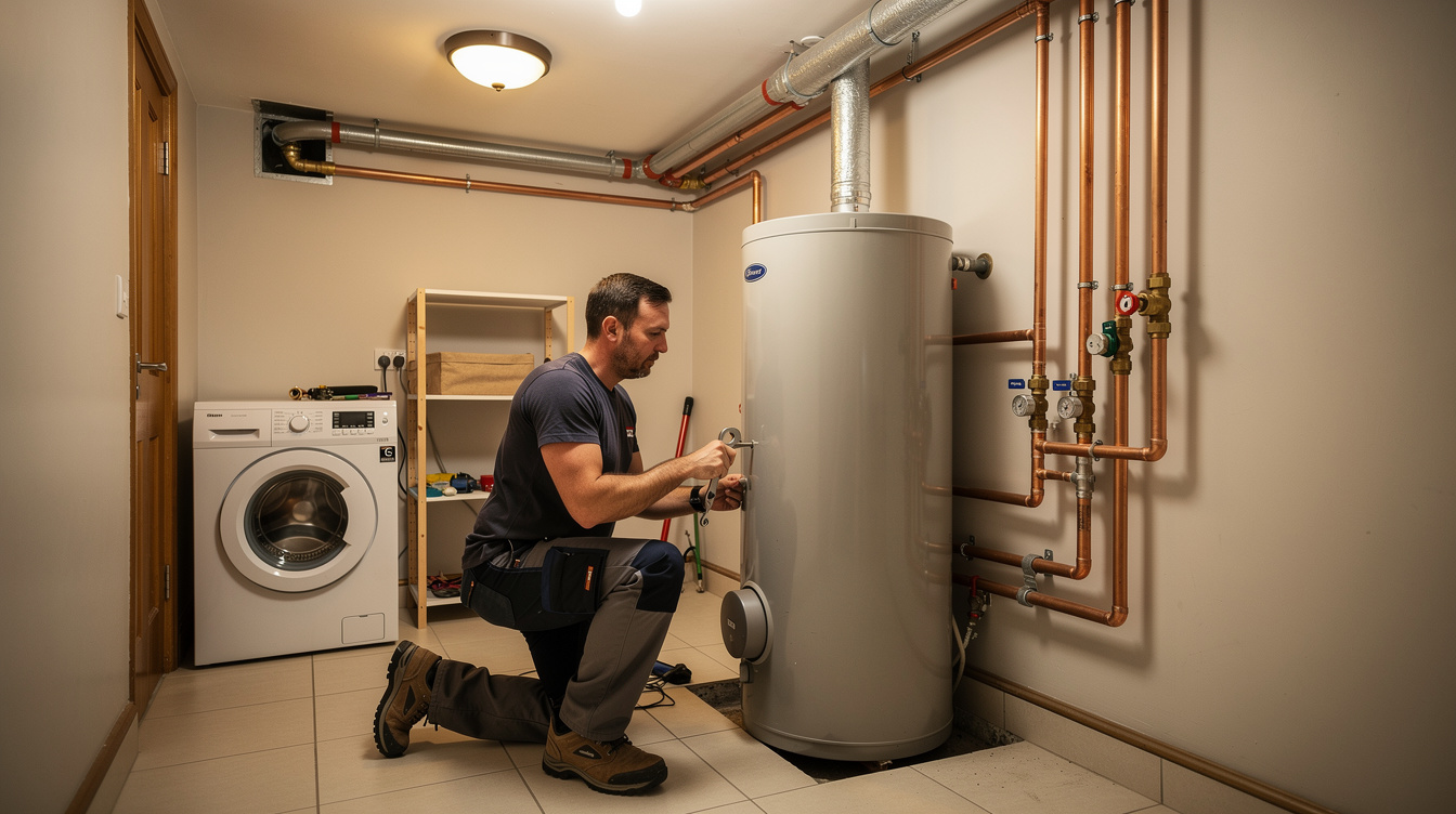 Plumber working on hot water cylinder and copper pipes in Irish utility room