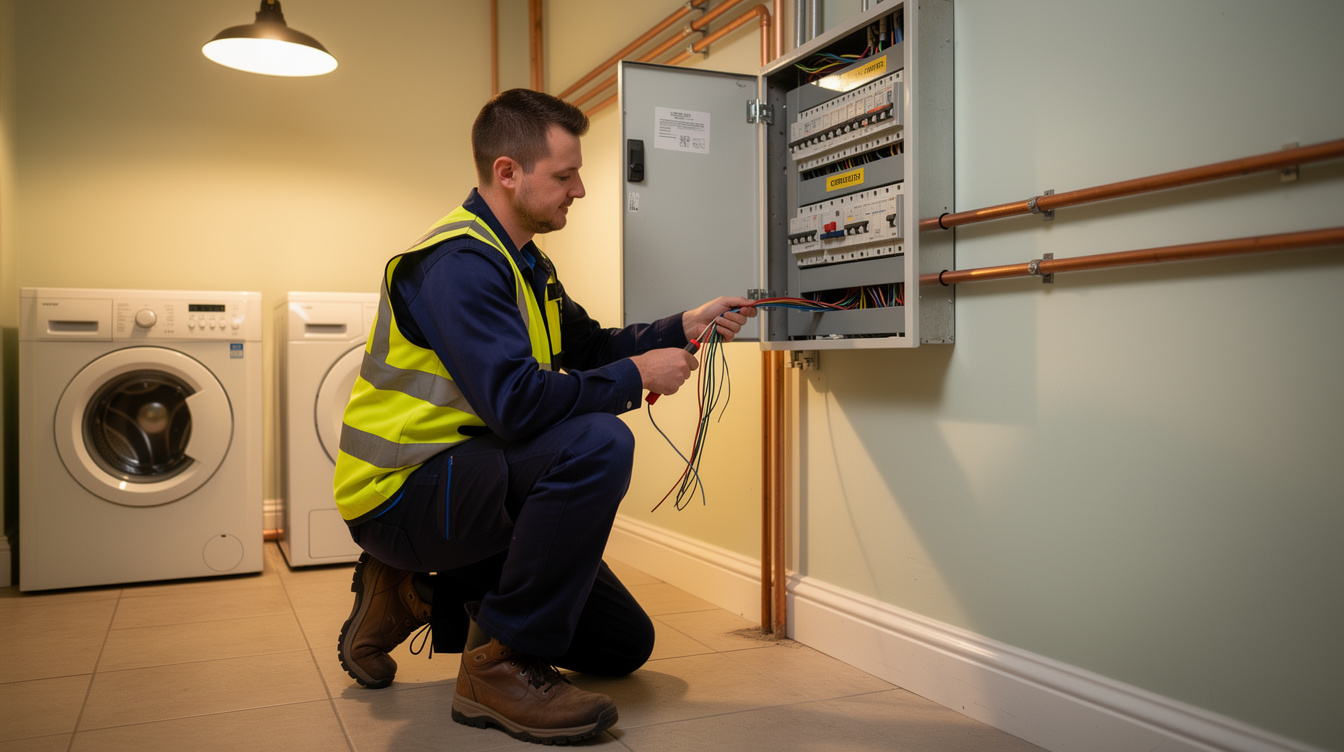 Electrician working on electrical panel inside Irish home utility room