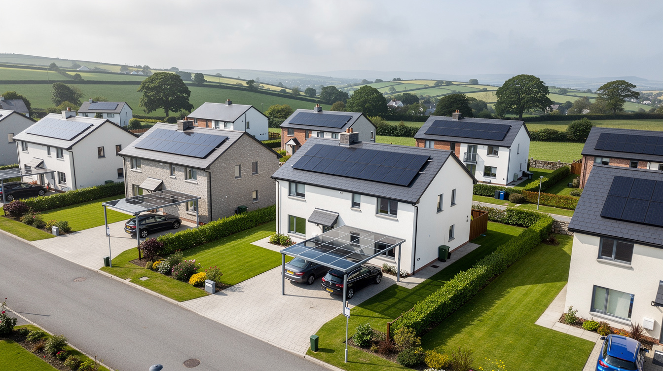 Aerial view of an Irish housing estate with solar carports and rooftop solar panels