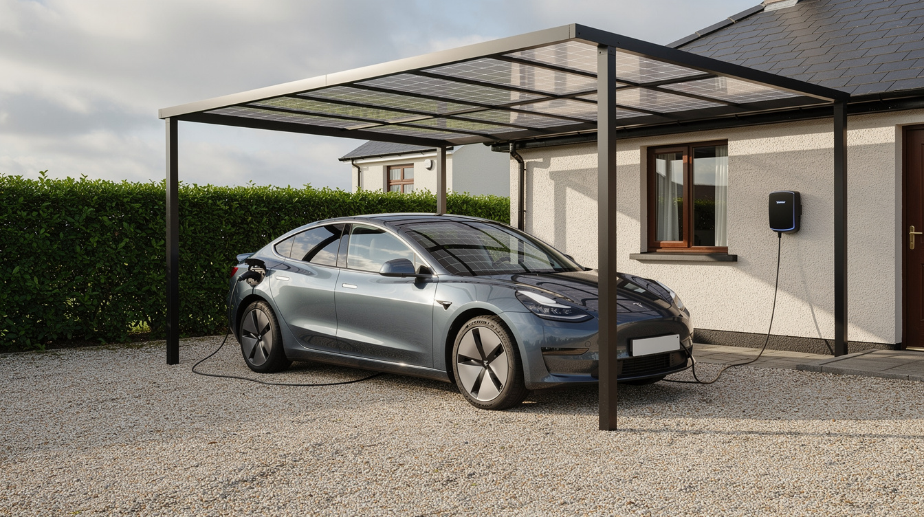 Electric vehicle charging under a solar carport canopy at an Irish home