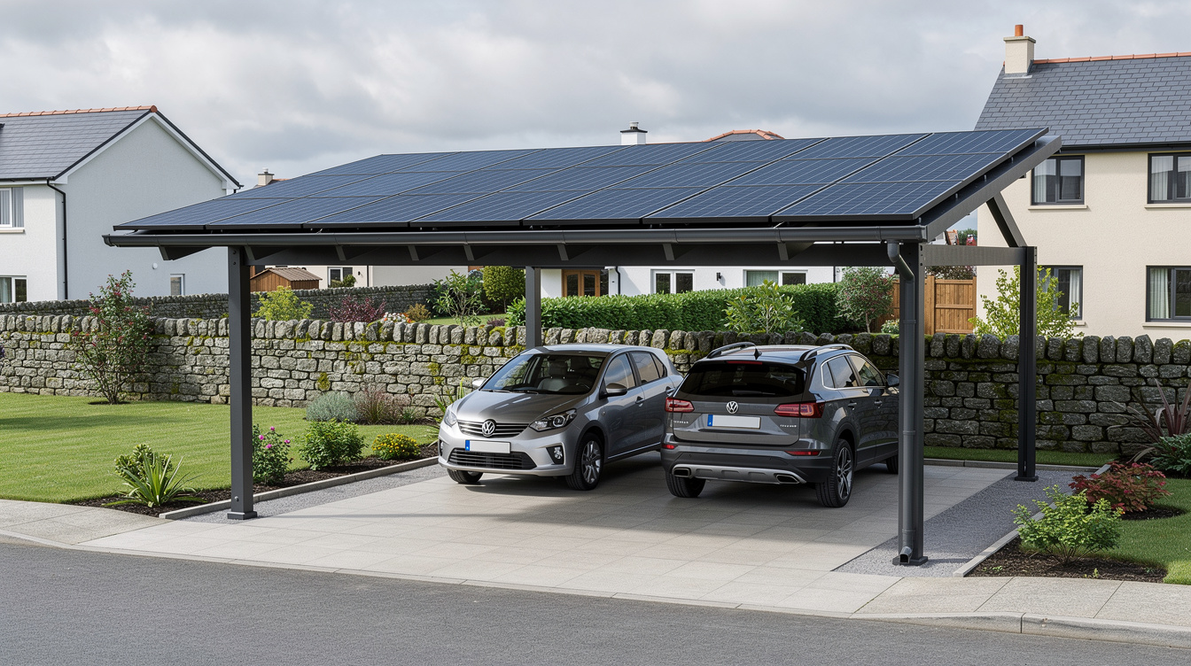 Solar carport over a residential driveway in Ireland with two cars parked underneath