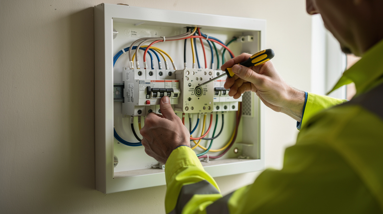 Electrician installing changeover switch on distribution board for solar backup