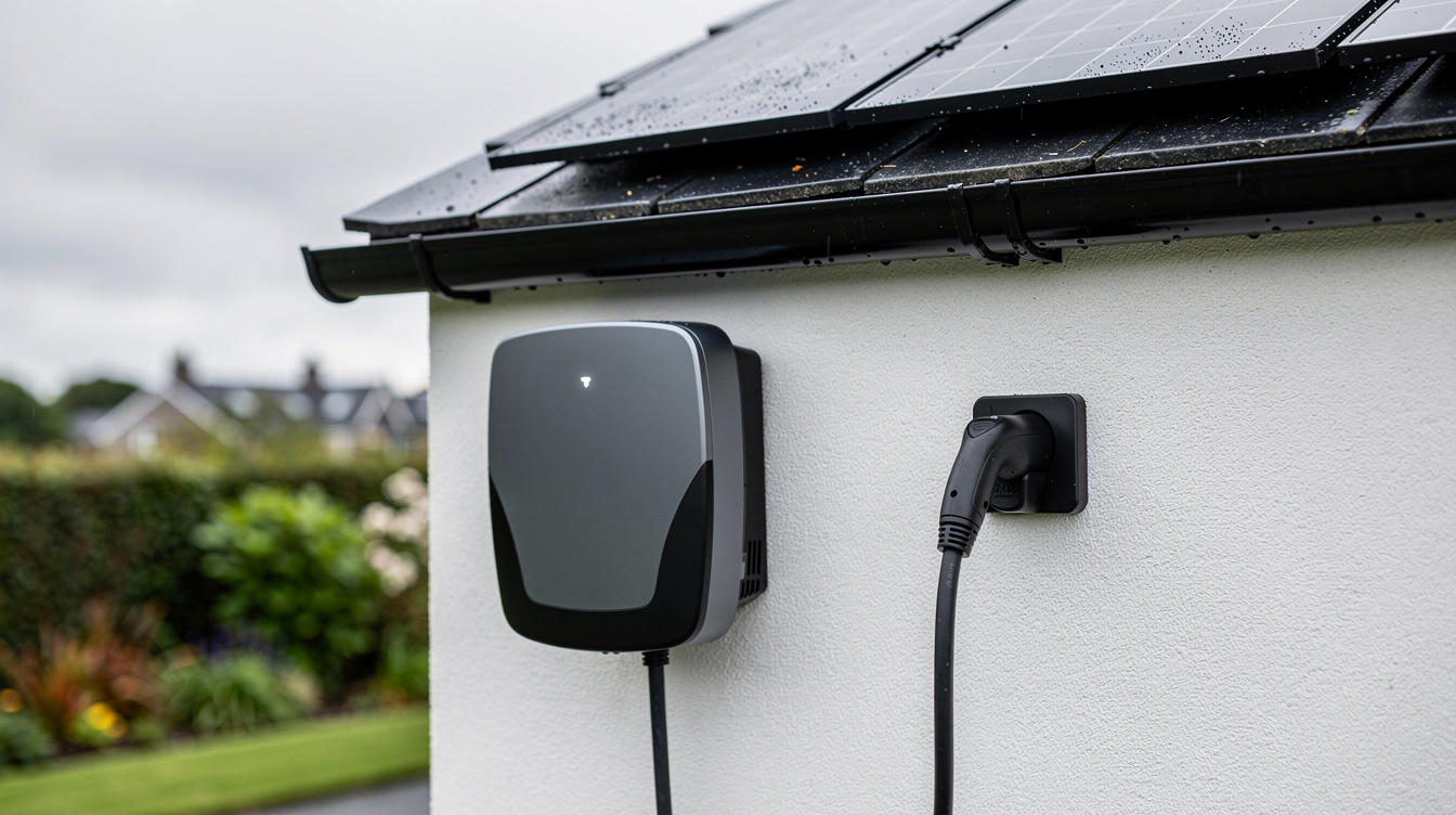 Wall-mounted EV charger on an Irish house with solar panels