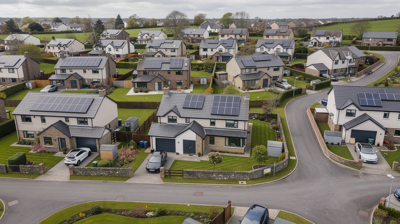 Aerial view of Irish houses with solar panels and electric cars