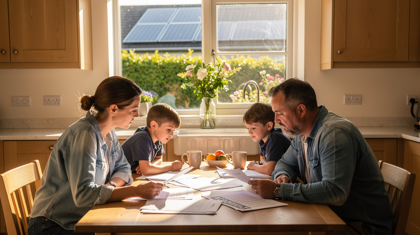 Irish family reviewing solar panel financing options at kitchen table