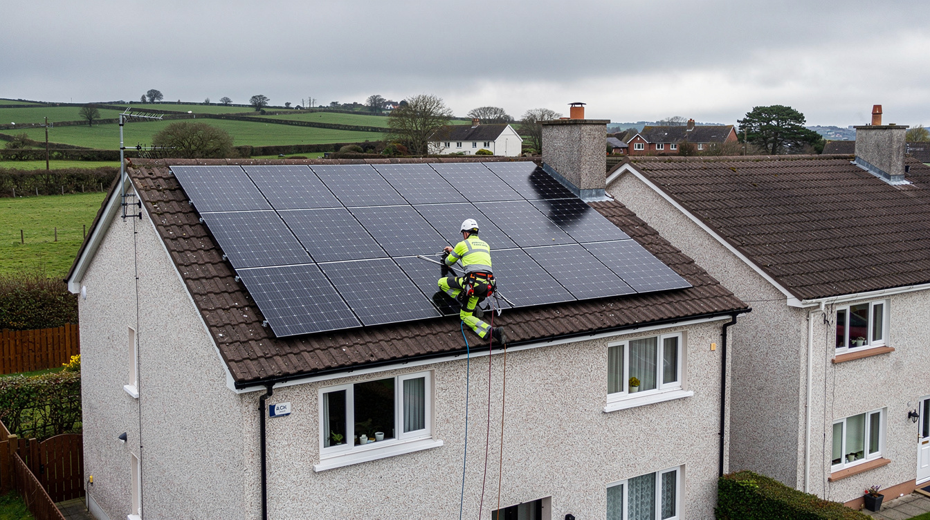 Solar installer on rooftop of Irish home installing panels