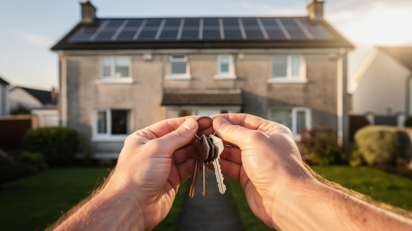 Hands holding house keys in front of an Irish rental property with solar panels on the roof