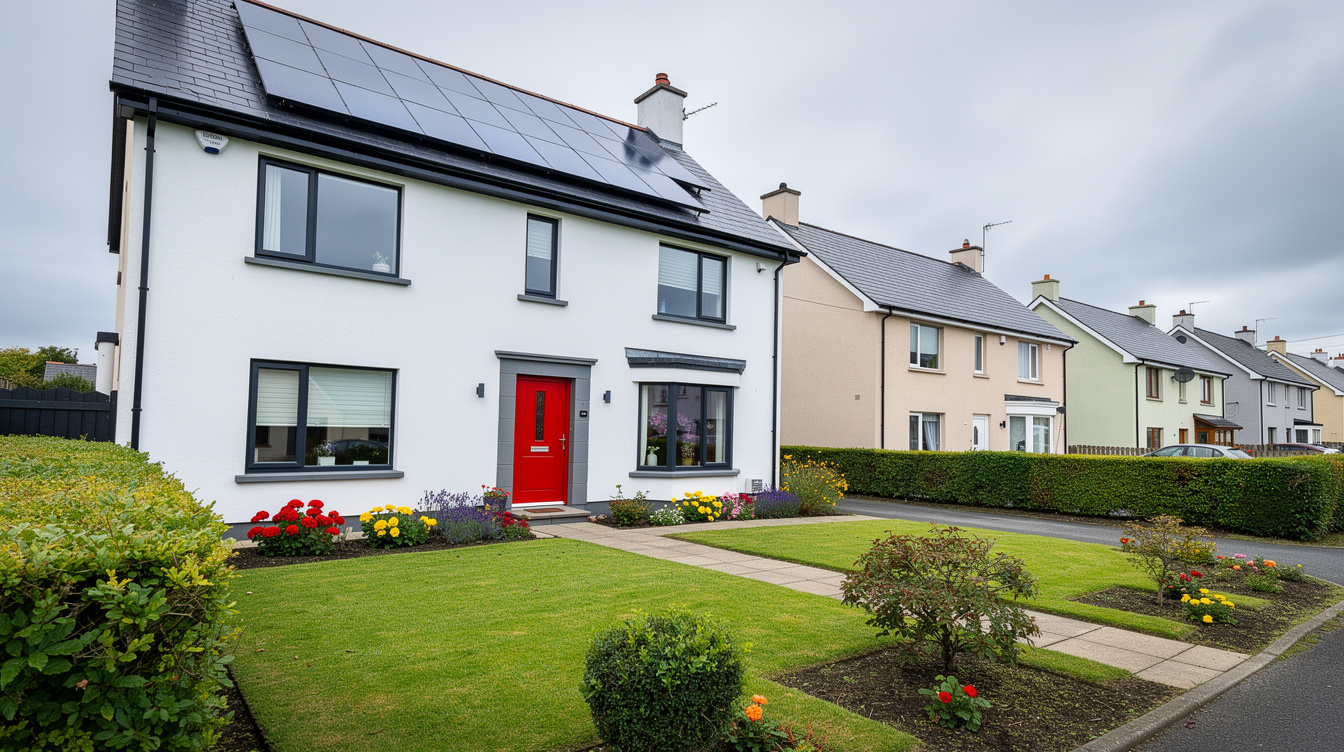 Well-maintained Irish semi-detached rental house with solar panels on roof, red front door, and neat garden