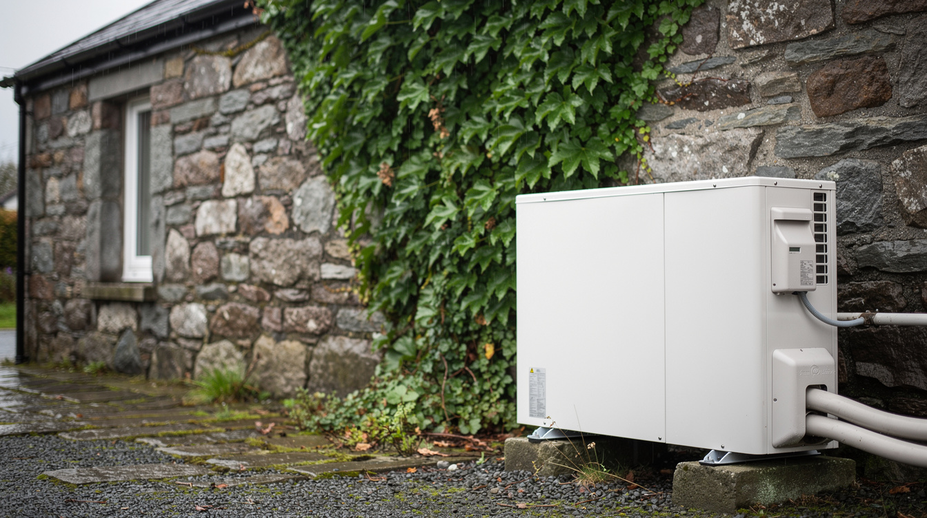 Air-to-water heat pump unit installed beside an Irish cottage wall