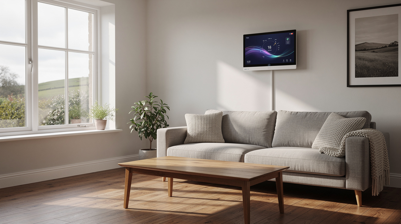 Modern Irish home interior with energy monitoring display showing solar generation