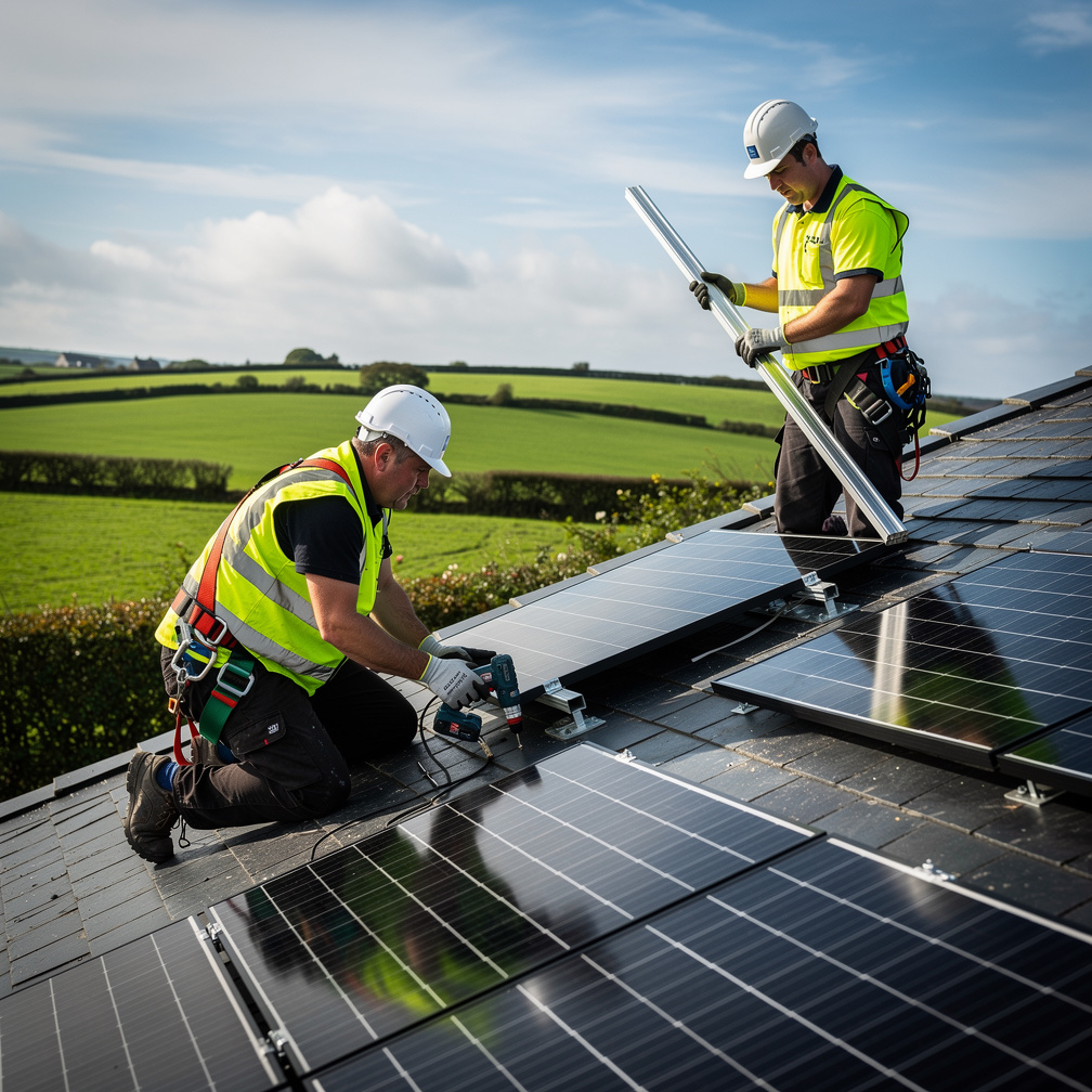 Solar panel installers on an Irish house roof