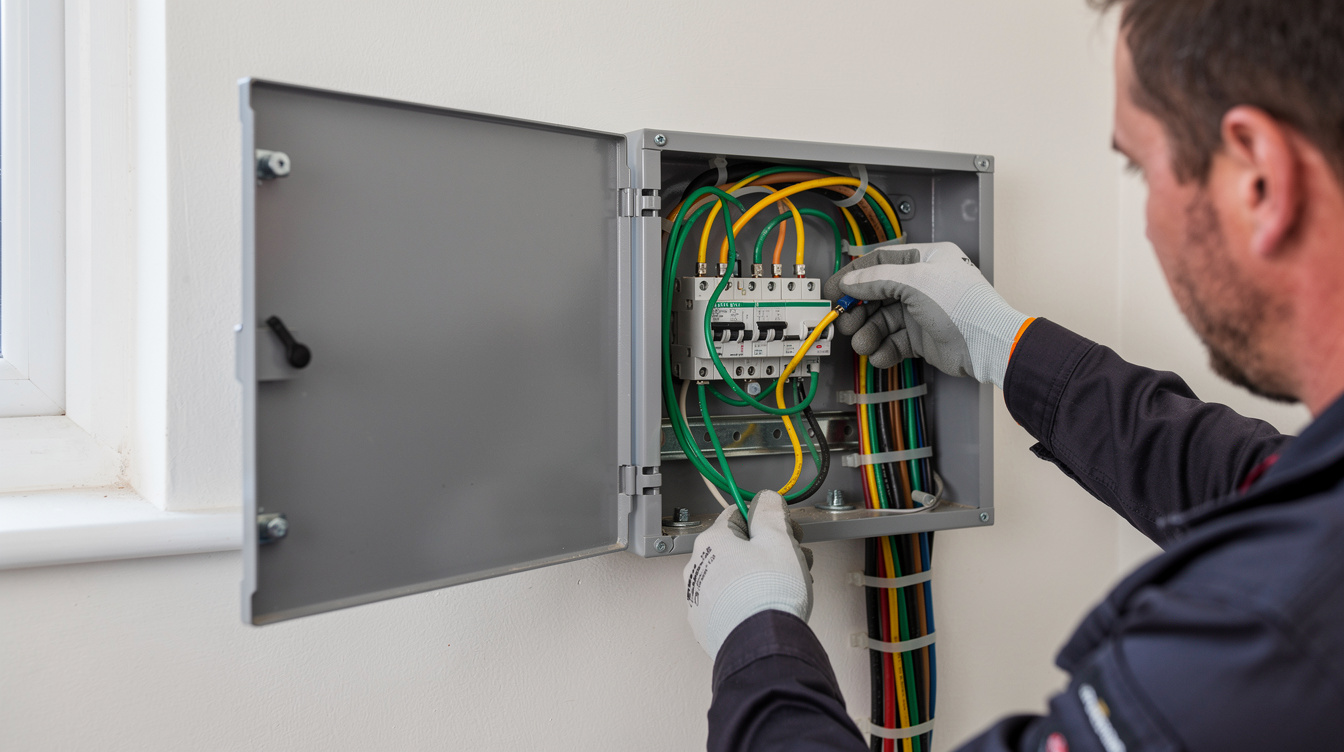 Electrician wiring a solar inverter inside an Irish home utility room with neat cable runs