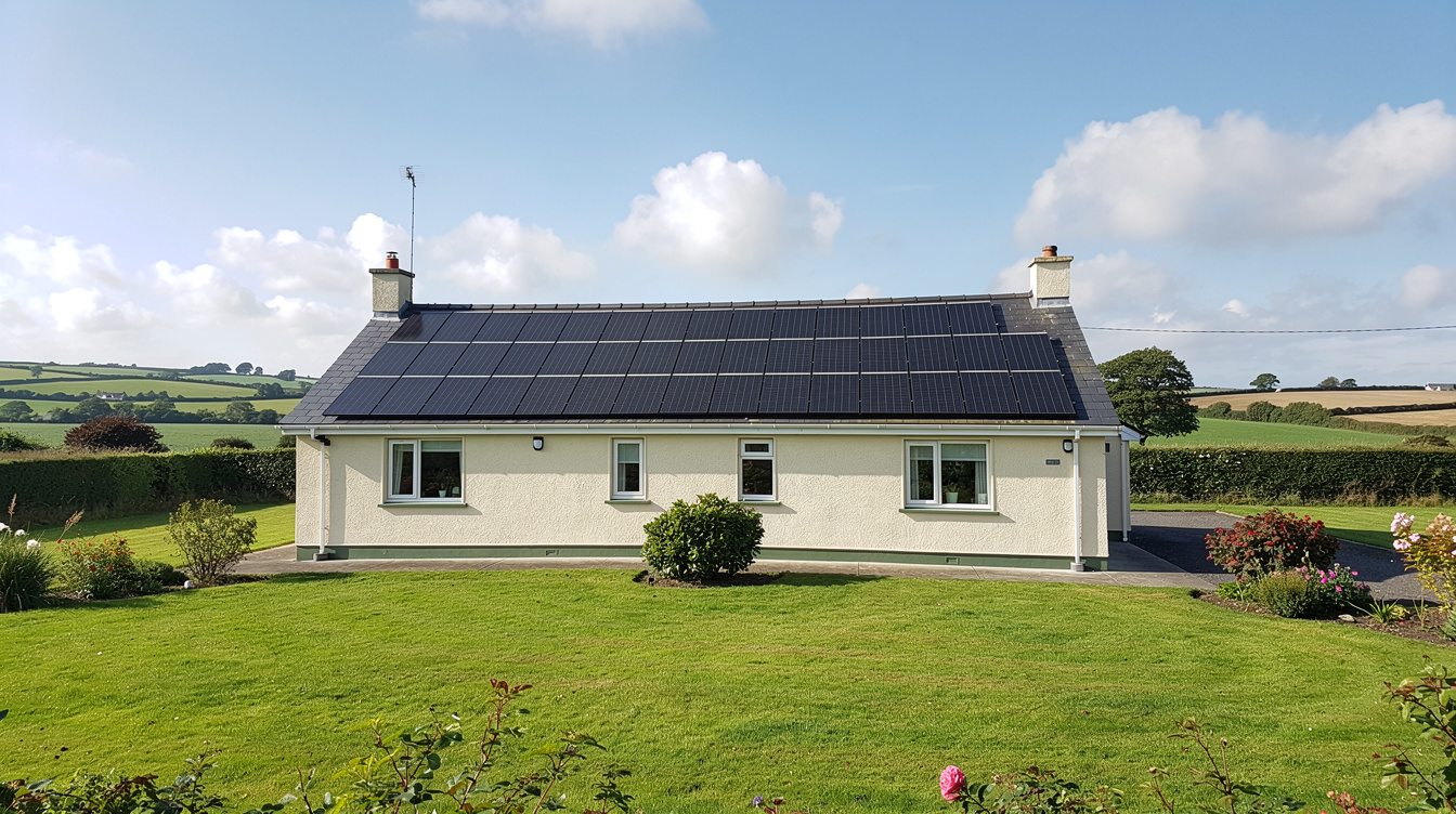 Completed solar panel array on an Irish bungalow roof with green countryside in background