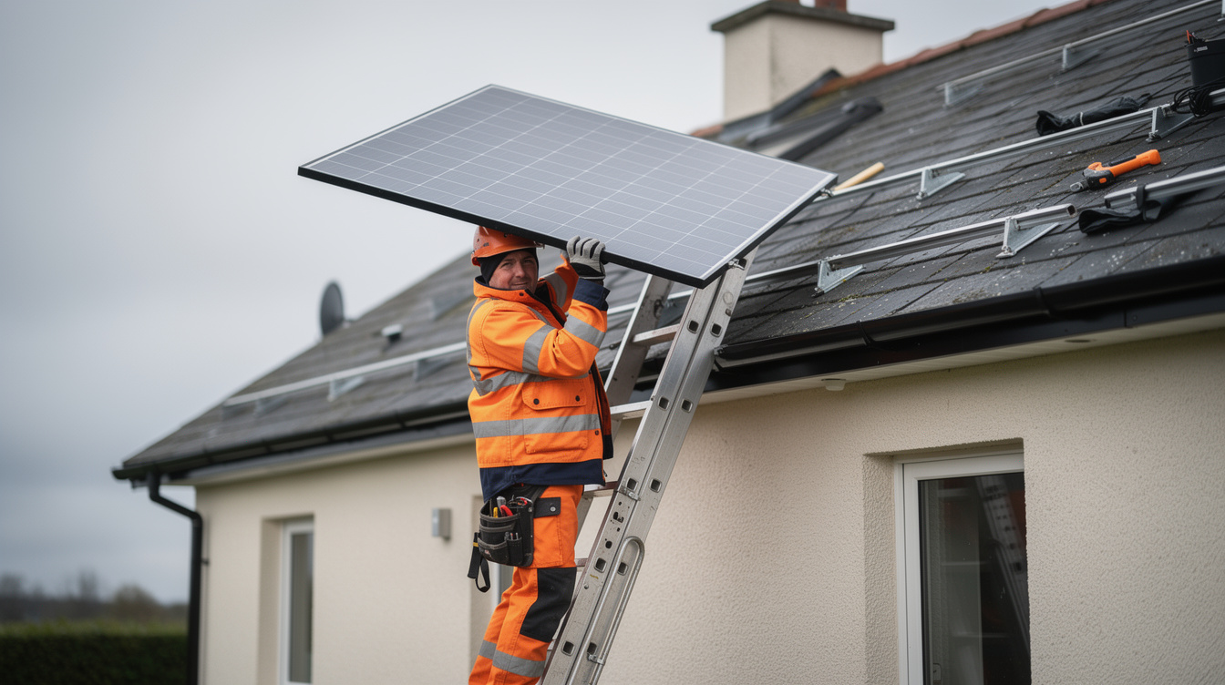 Solar panel installer in hi-vis jacket carrying panel up ladder on Irish house