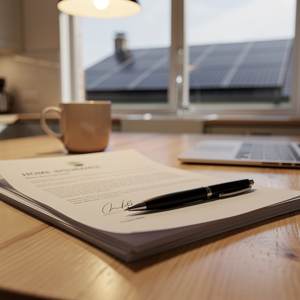 Insurance documents on a table with solar panels visible through window