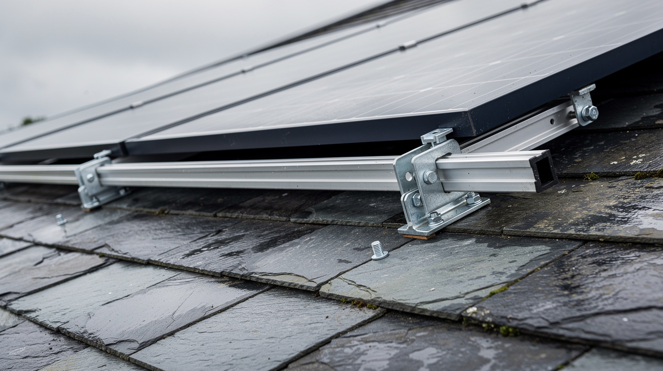 Close-up of solar panel mounting brackets and rails securely fixed to slate roof
