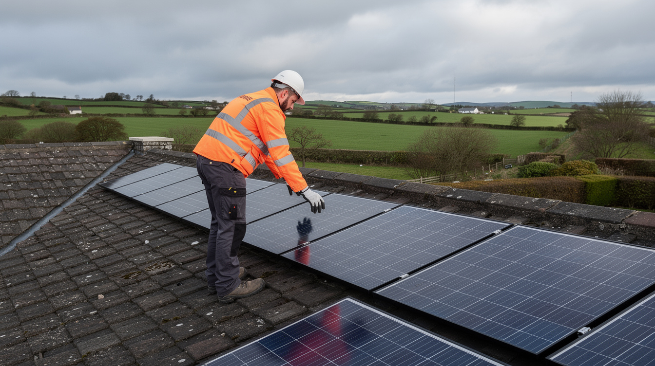 Solar panel installer in hi-vis vest inspecting panels on Irish bungalow rooftop