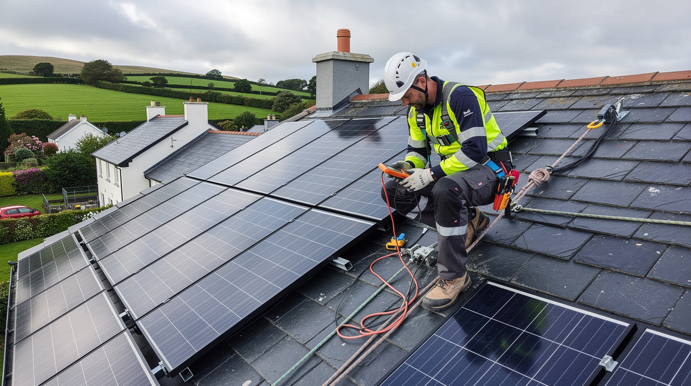 Solar installer inspecting panel connections on Irish rooftop