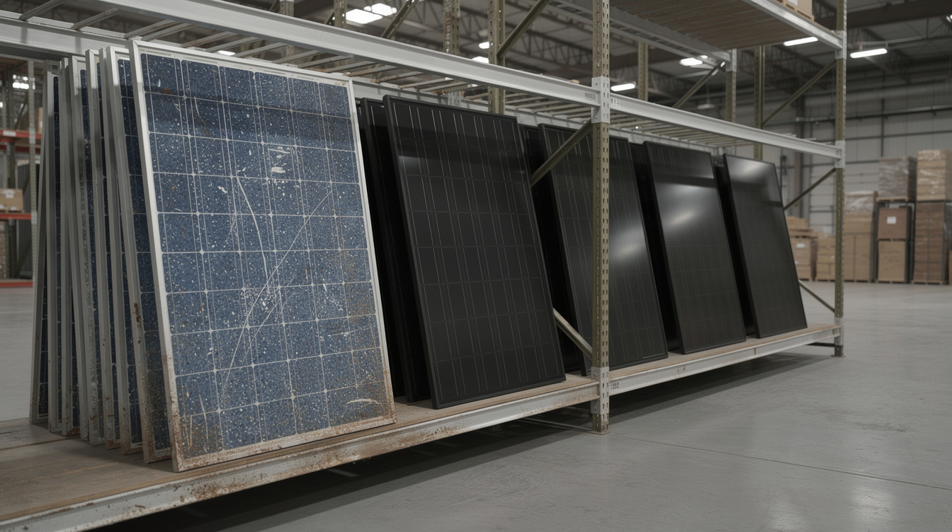 Old polycrystalline and new monocrystalline solar panels side by side showing technology evolution