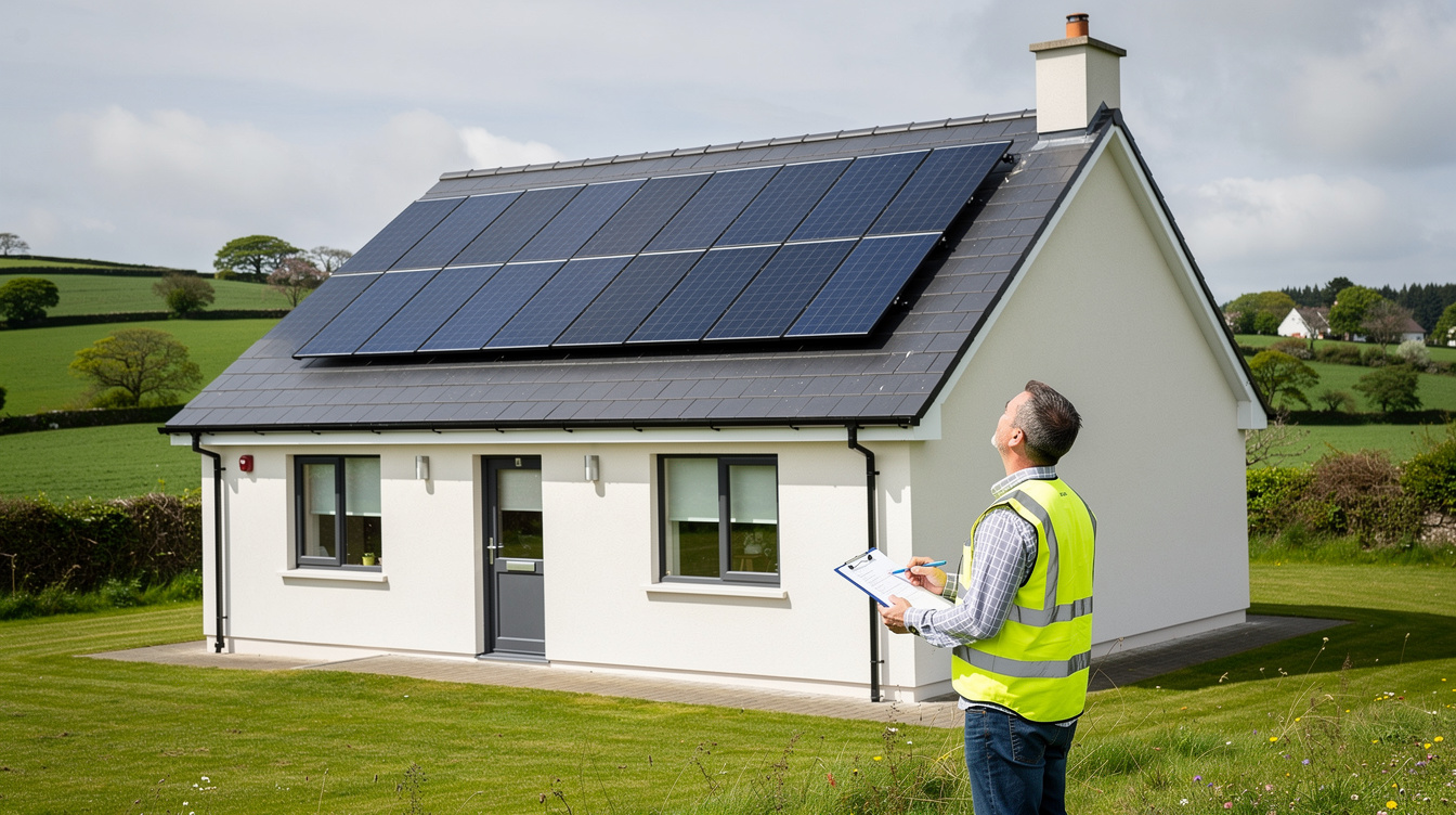 BER assessor in hi-vis jacket inspecting Irish home with solar panels on roof