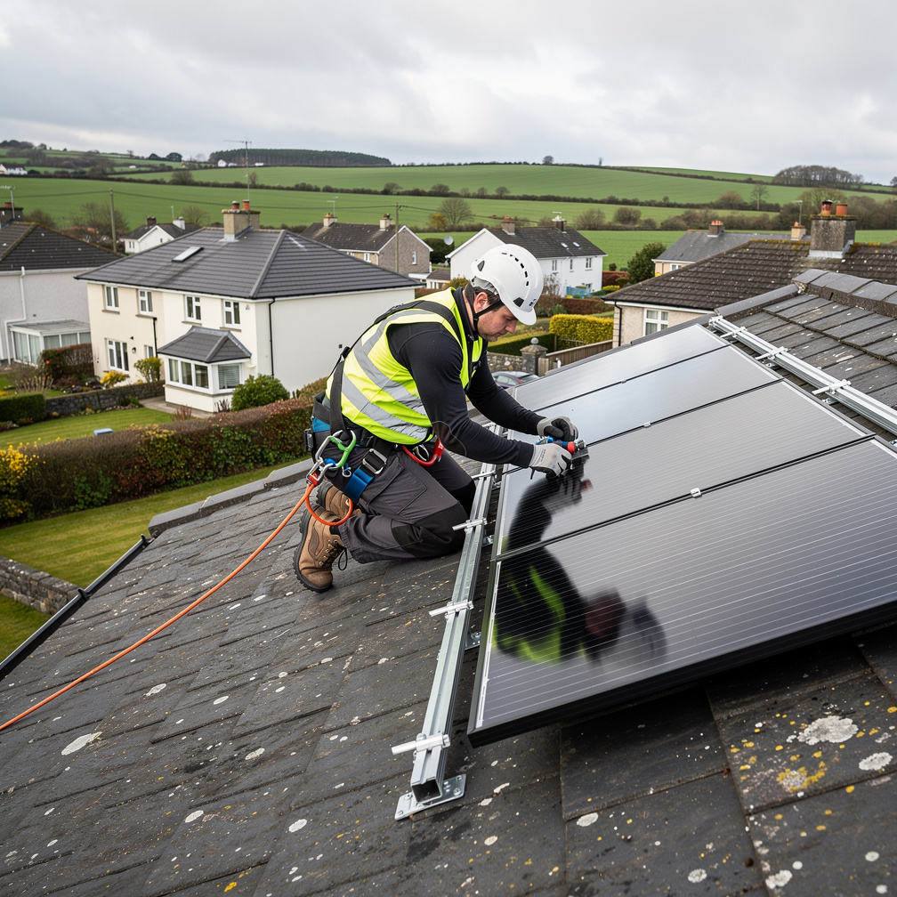 Solar installer working on an Irish rooftop with panels and tools