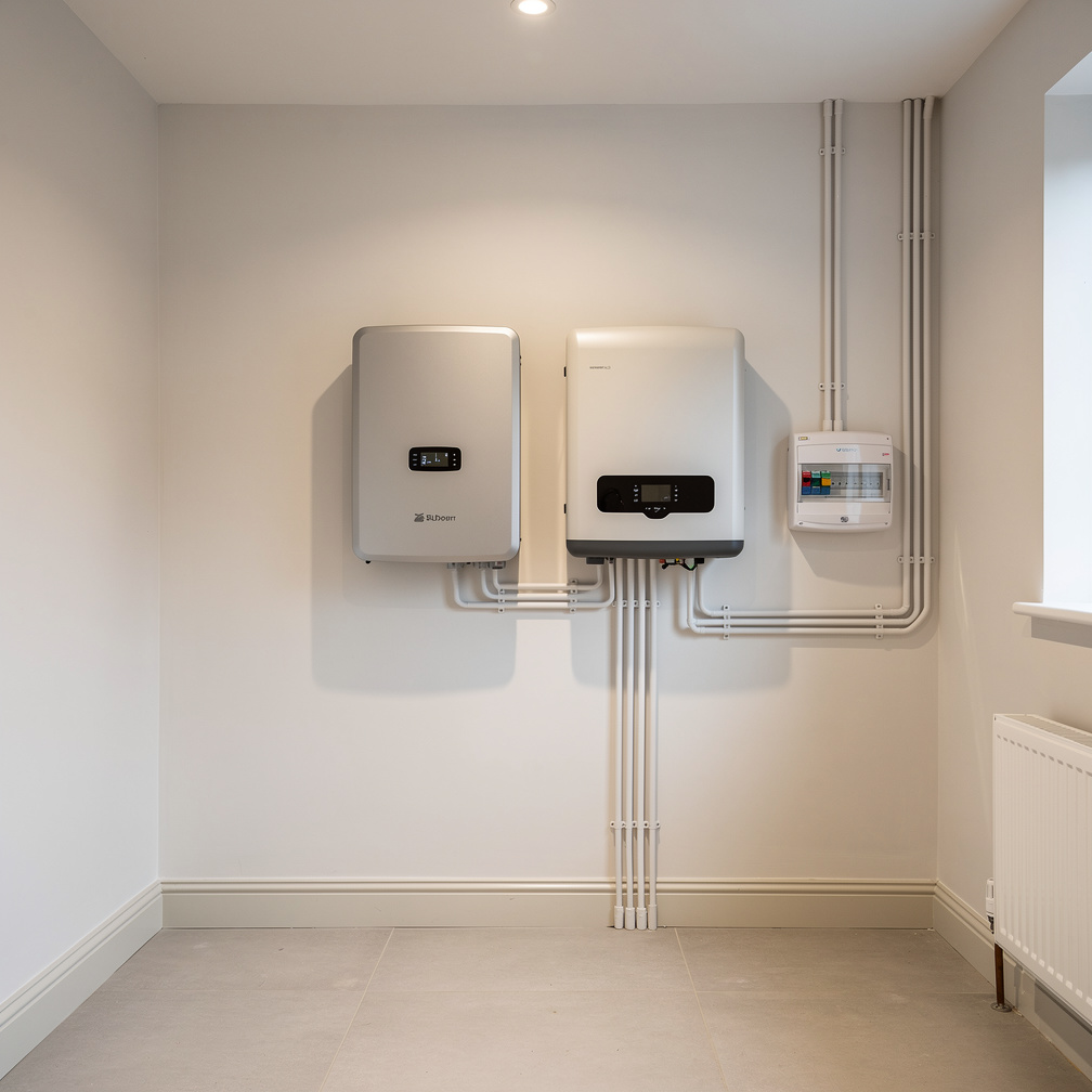 Home battery storage system and solar inverter mounted on garage wall