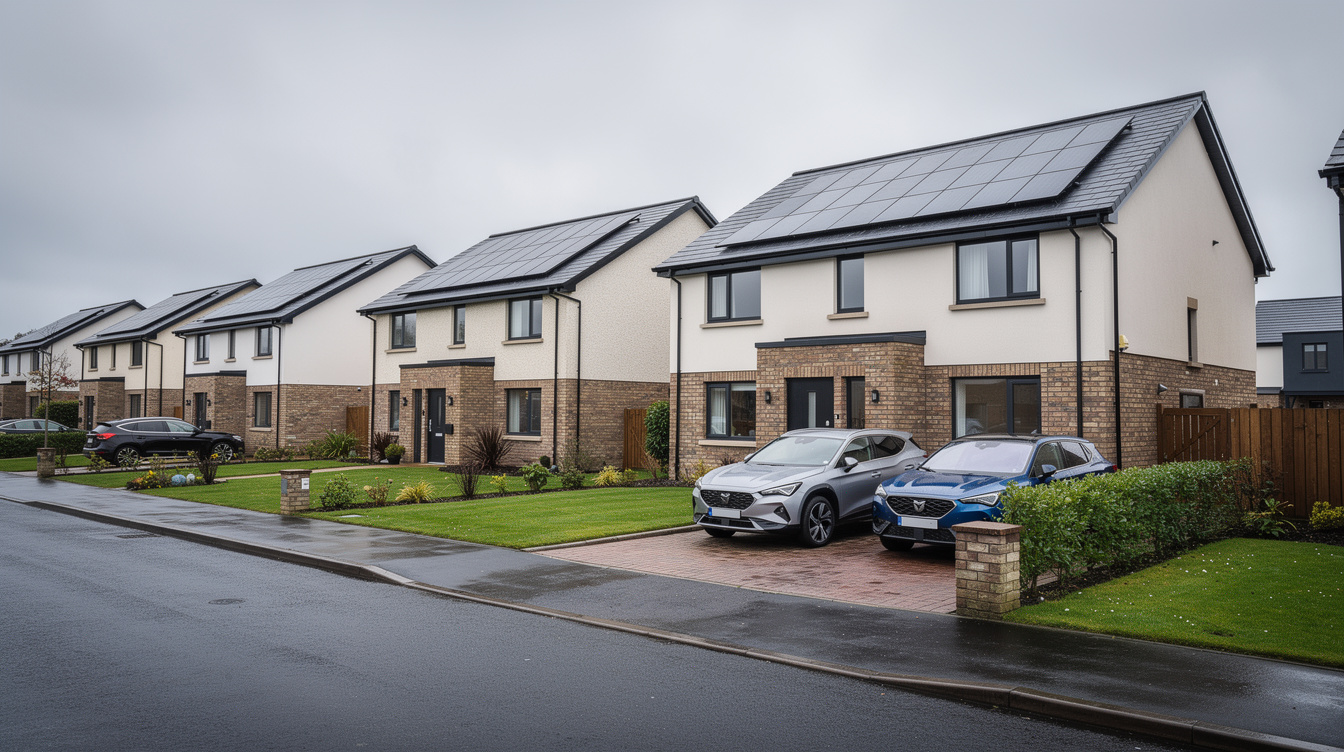 Row of modern Irish houses with solar panels on rooftops in a housing estate