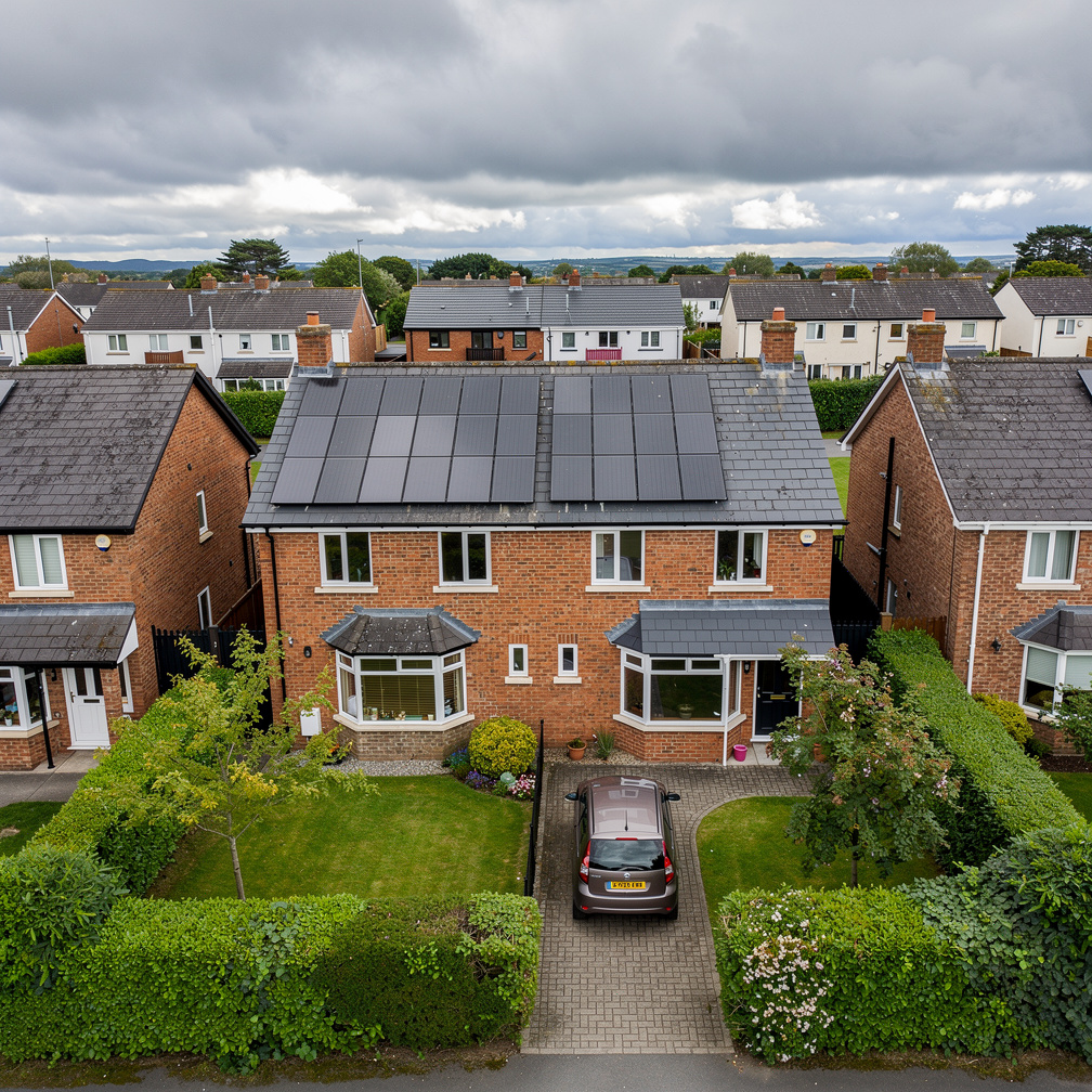 Aerial view of Irish house with solar panels on the roof