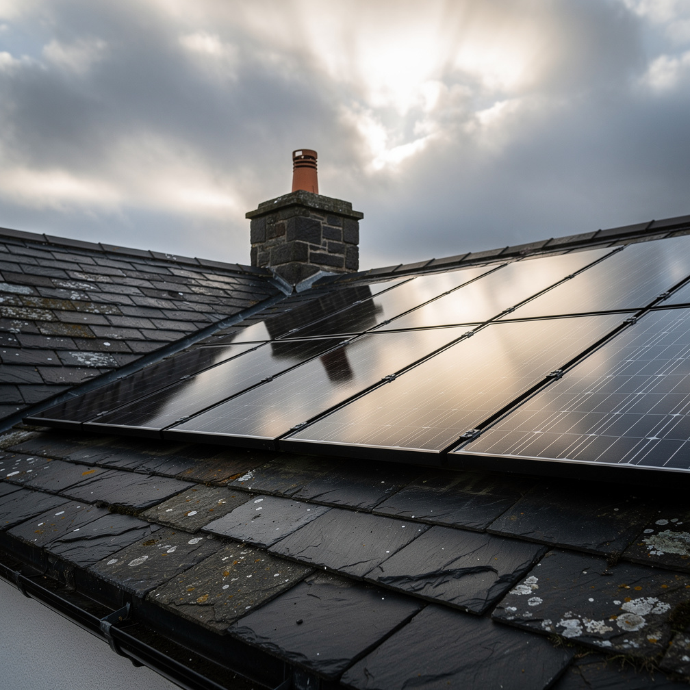 Solar panels on a slate roof of an Irish house