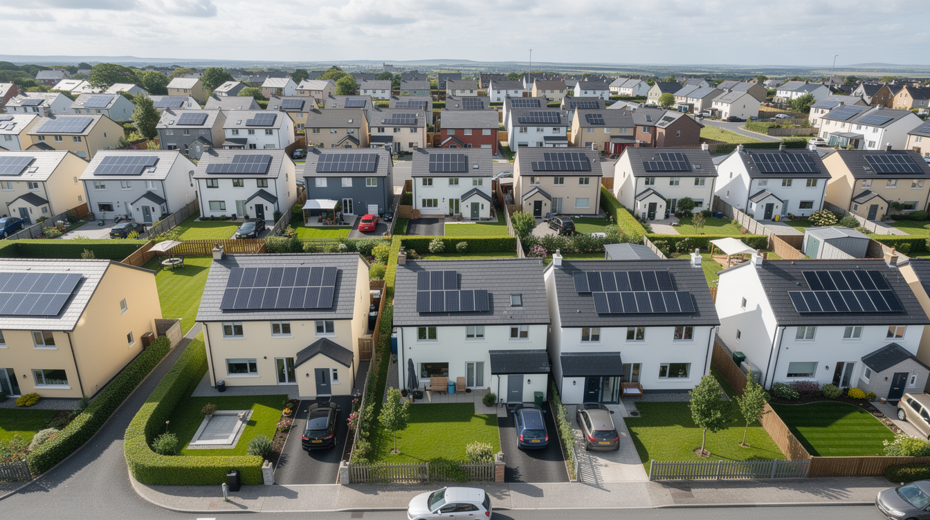 Aerial view of Irish housing estate with solar panels on multiple rooftops
