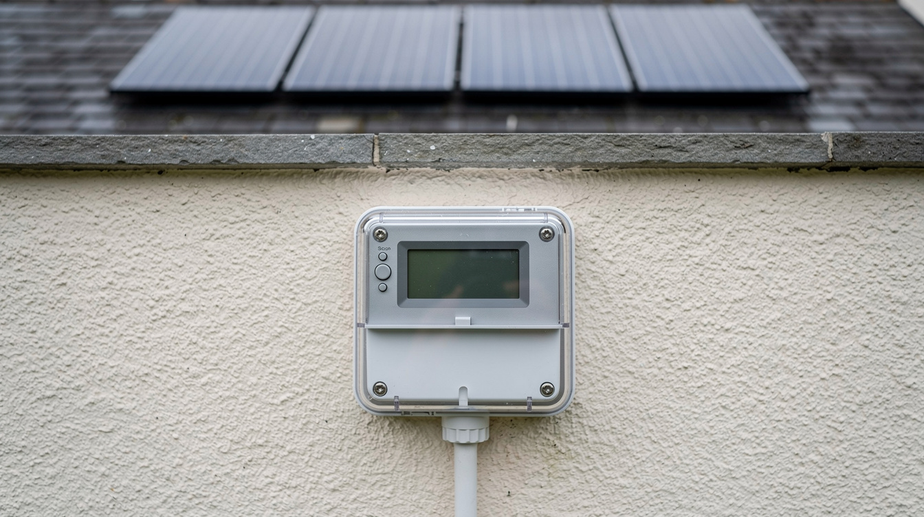 Smart electricity meter on an Irish house with solar panels visible on the roof