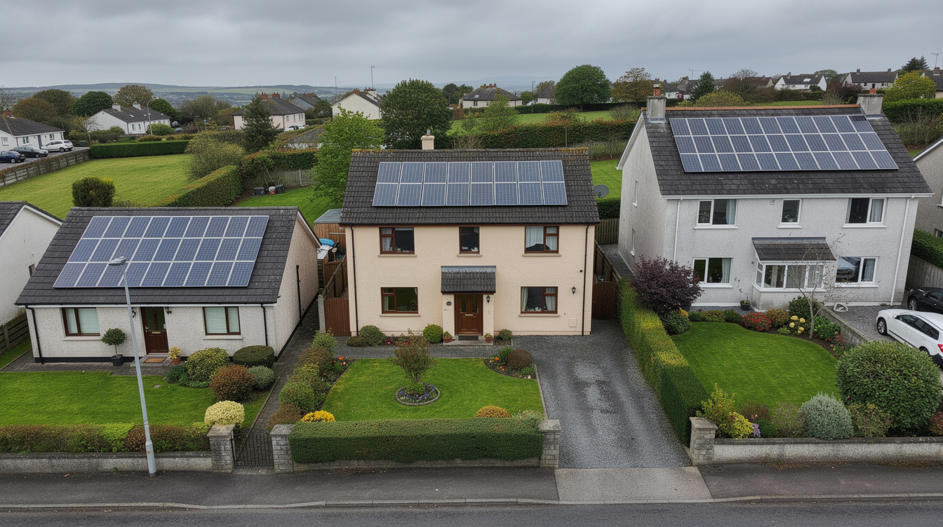 Three Irish houses with different solar panel system sizes on their roofs