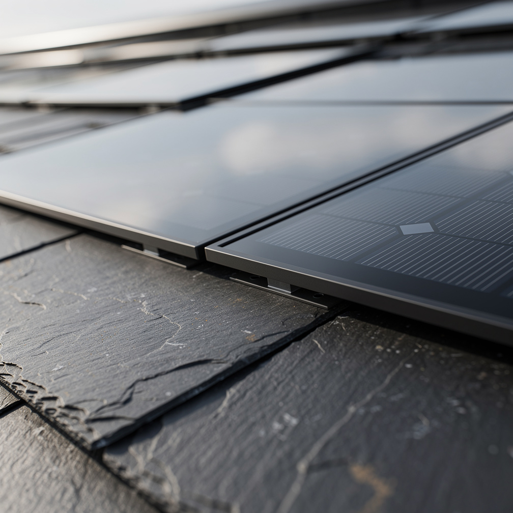 Close-up of solar roof tiles seamlessly integrated with slate tiles