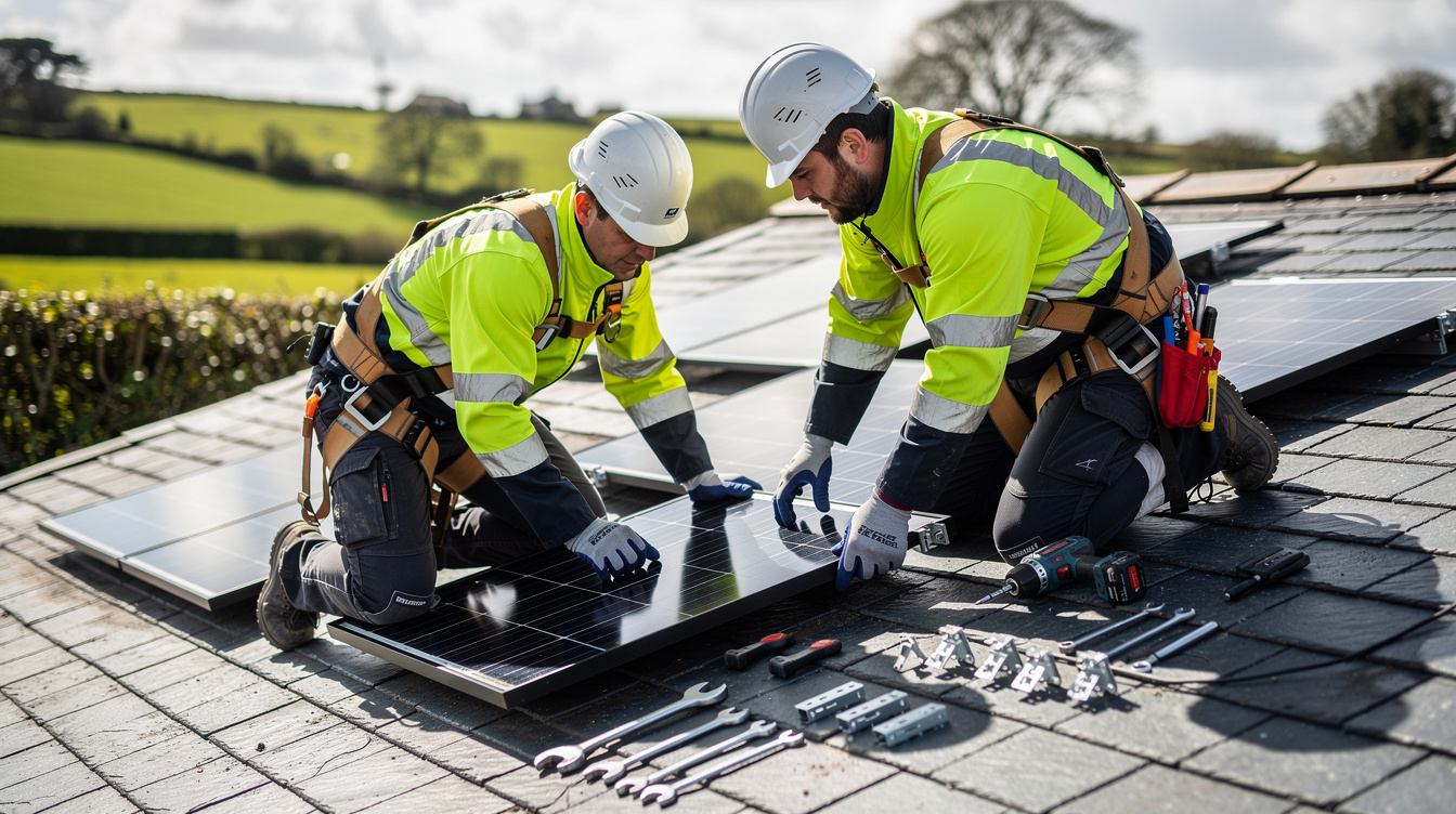 Solar panel installers in hi-vis jackets working on an Irish rooftop