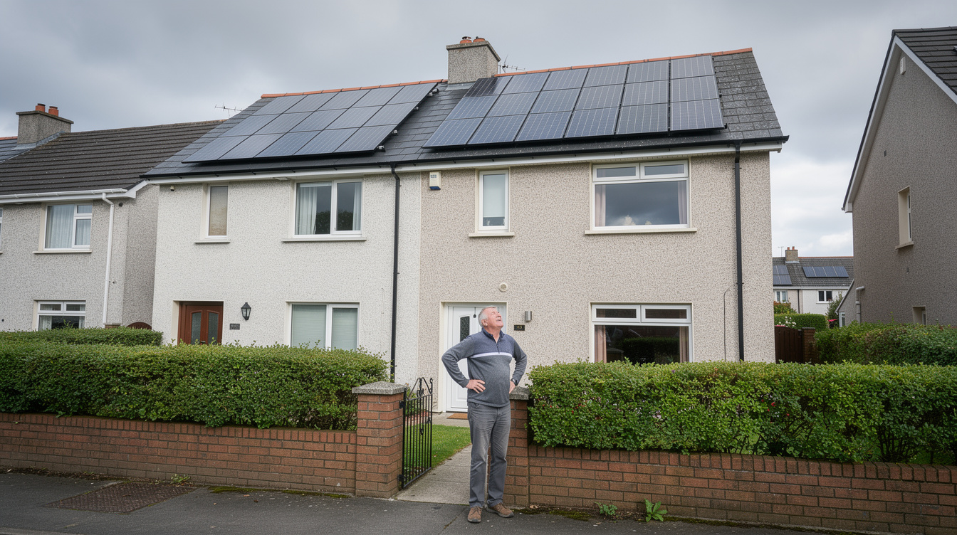 Irish homeowner looking up at freshly installed solar panels on their semi-detached house