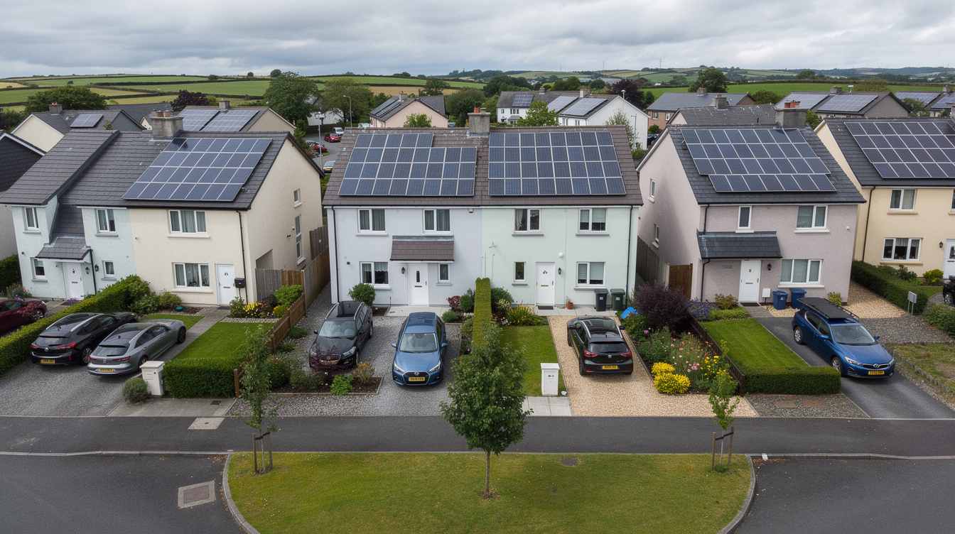 Row of Irish houses with solar panels installed on rooftops in a housing estate