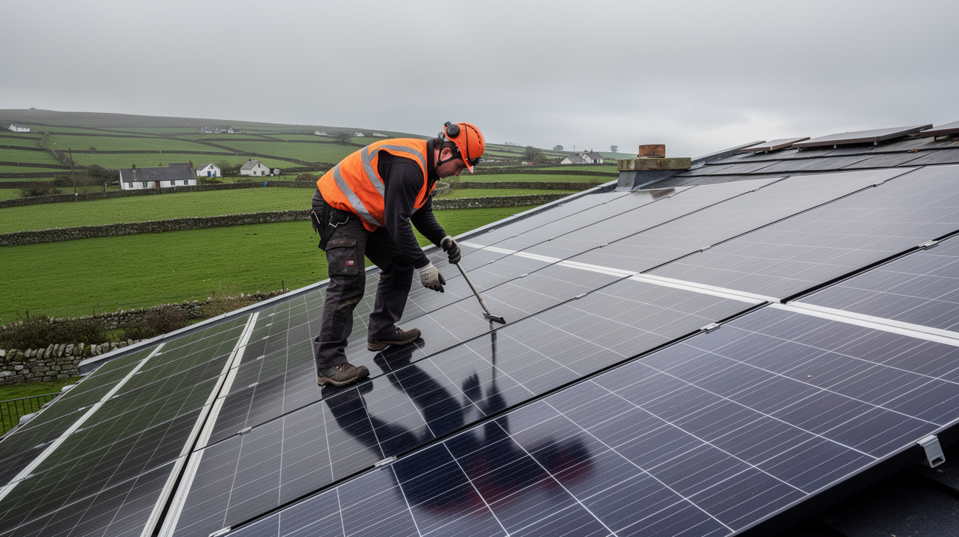 Solar panel installer in hi-vis vest inspecting panels on an Irish rooftop