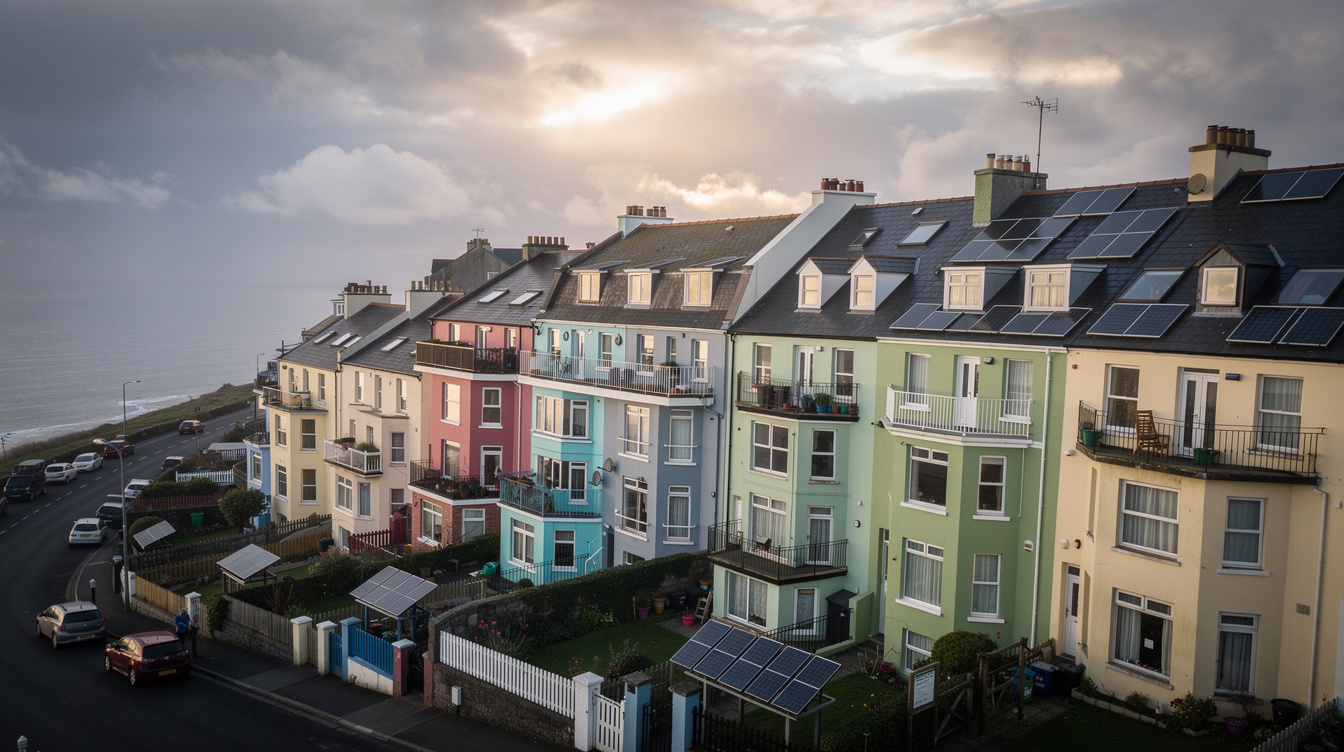 Aerial view of colourful Irish terraced houses with solar panels on balconies