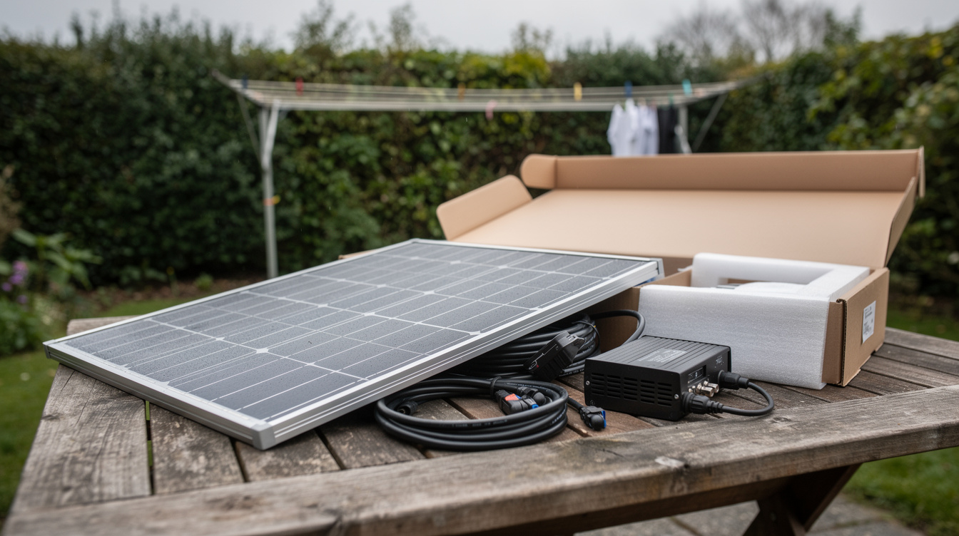 Solar panel kit unboxed on garden table in Irish back garden