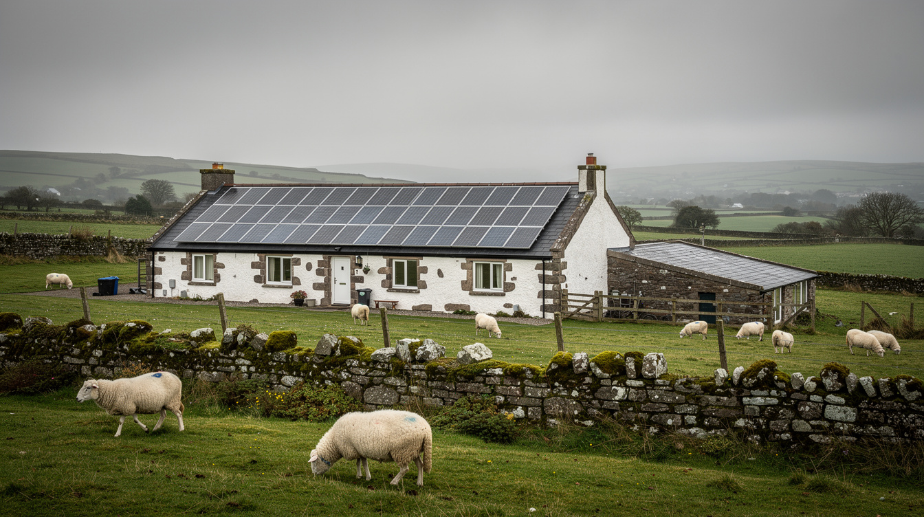 Large Irish farmhouse with extensive solar panel array on roof, sheep grazing in green fields