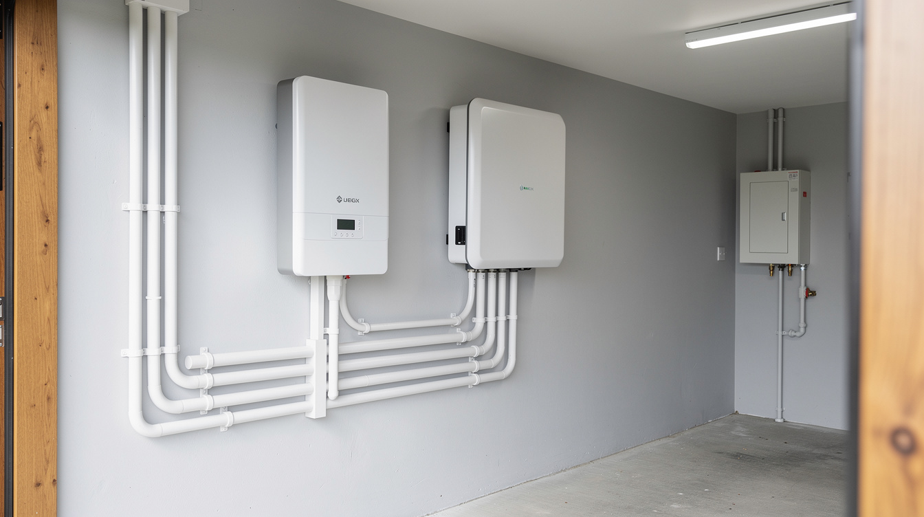 Solar inverter and battery storage units professionally installed on a garage wall